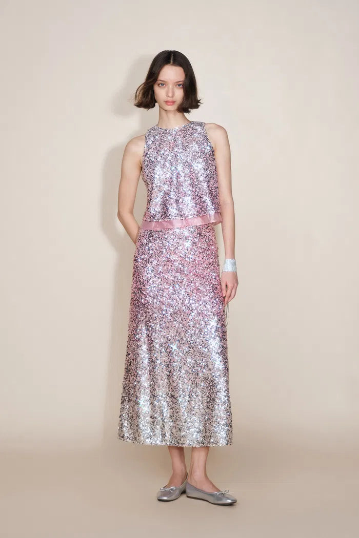 Eleanor Ombre Sleeveless Vest Top and Skirt Matching Set in Full Sequin Embroidery