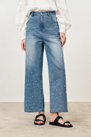 Lulia Raindrop Hand-Beaded Roomy Straight Leg Jeans in Cotton Denim