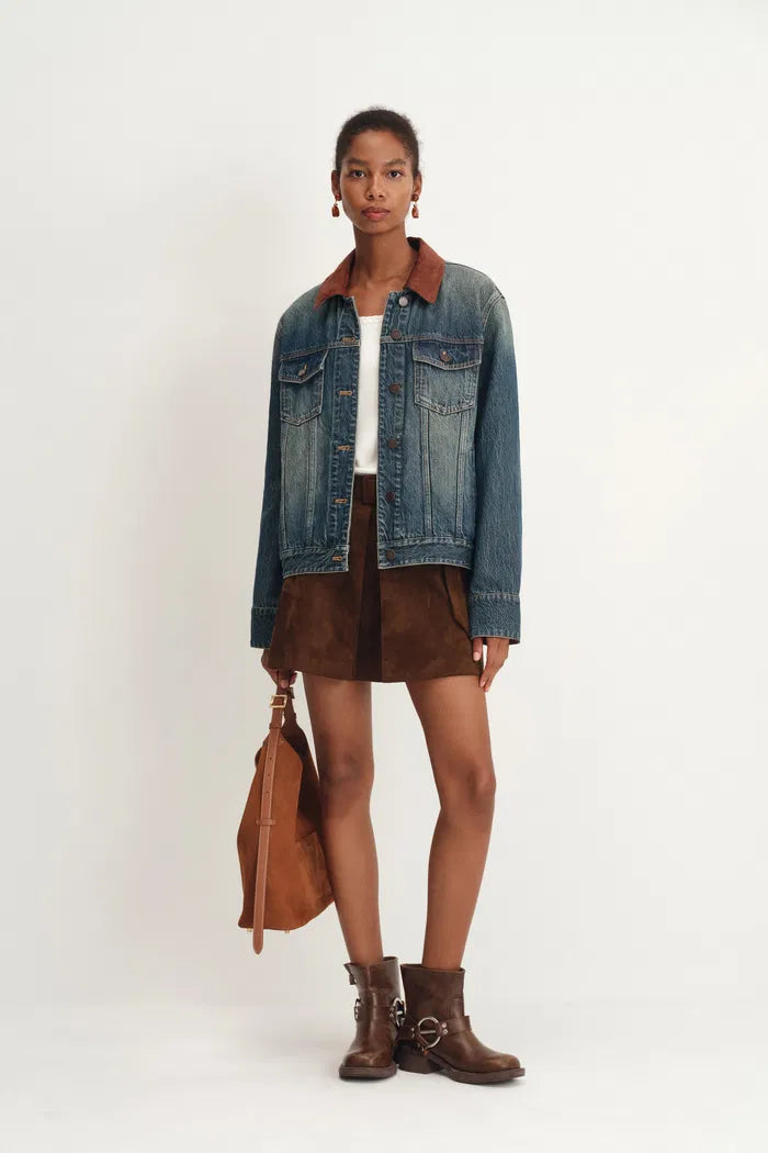 Jennifer Hand Sewn Suede Collar Denim Jacket in Cotton Denim