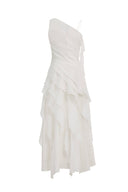 Cascade Ruffled Tie-Front One Shoulder Dress in Mulberry Silk