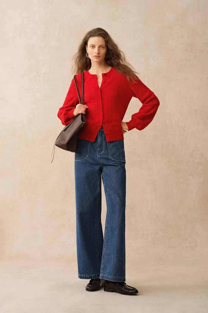 Elodie Floral Rib Hem French Cardigan in Merino Cashmere Knit