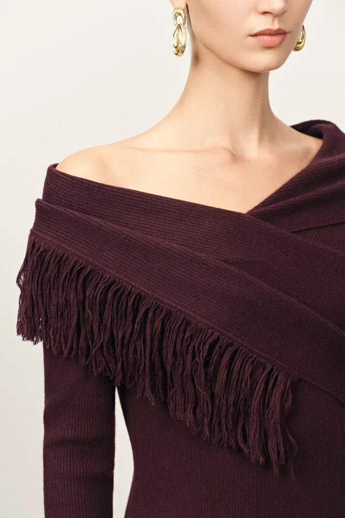 one shoulder fringe detail textured knit dress Karen Millen Petite Figure Form Bandage One Shoulder Fringe Mini Knit Dress in Silver