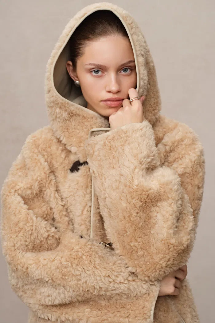 Clémence Semi Oversized Hooded Sherpa Short Coat in Wool Blend Clémence Semi Oversized Hooded Sherpa Short Coat in Wool Blend