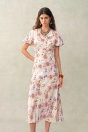 Coco Handpainted Floral Puff Sleeve Cinched Dress in Crinkle Gauze
