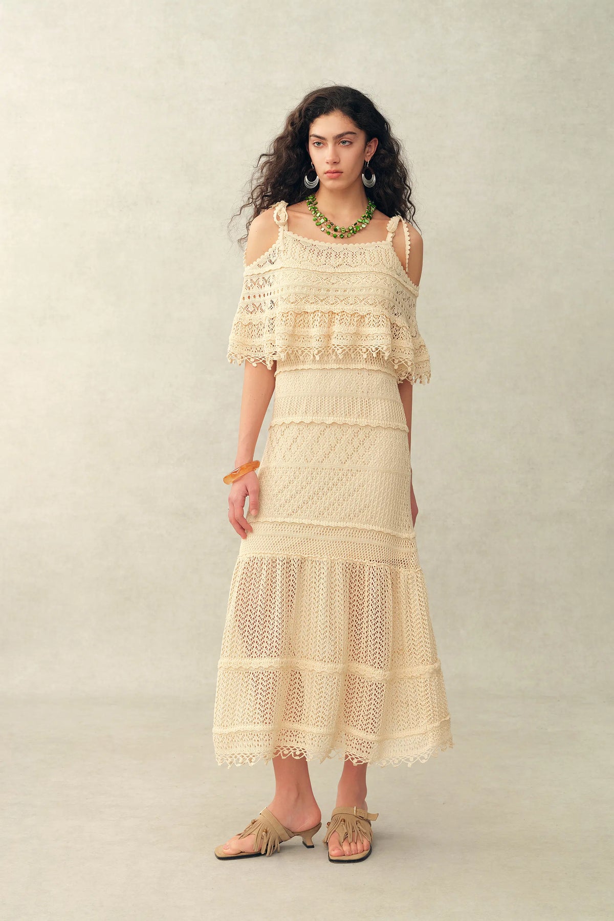 lace panel tiered seam cami dress Dione Hand Crochet Detachable Capelet Knit in Linen Crochet XS/P Color:Tanny Port SEROYA Linda Denim Mini airy voile cotton midi Hainan