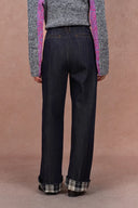 Léa Cuffed Contrast Plaid Denim Jeans in Raw Denim