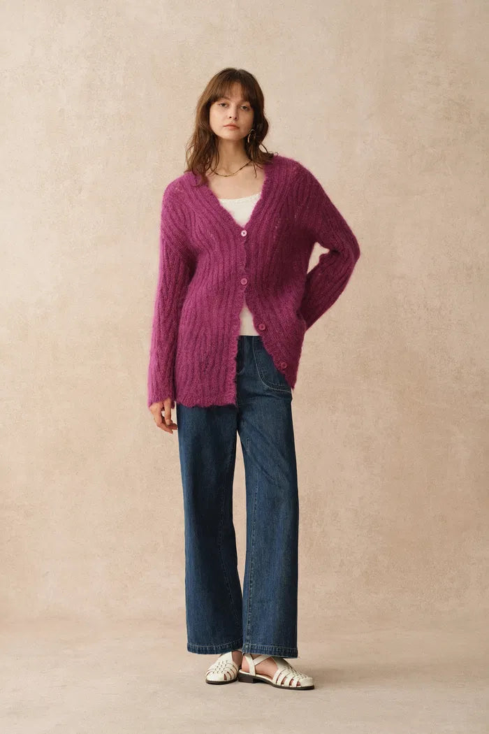 Aki Scalloped Neckline Sheer Cardigan in Lightweight Cable Mohair Knit