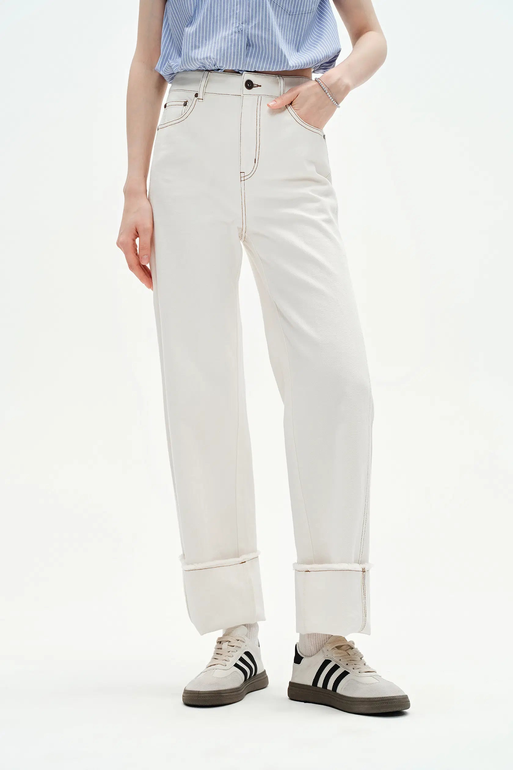 Cici Foldable Hem Jeans Herringbone Denim