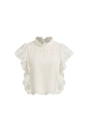 Lilou French Cutwork Embroidery Ruffle-Sleeve Top in Cotton & Linen