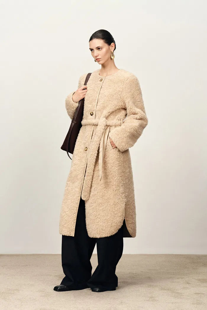 Elise Long Faux Sherpa Fleece Coat in Merino Wool Teddy