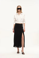 Citadel Leather Tabs Side-Slit Pleated Skirt in Acetate