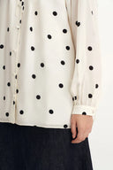 Kari Ruffle Neckline  Polka Dot Blouse in Silk Satin