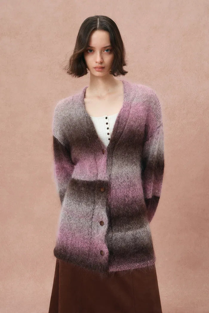 Cara Asymmetric Gradient Striped Cardigan in Space-Dyed Mohair