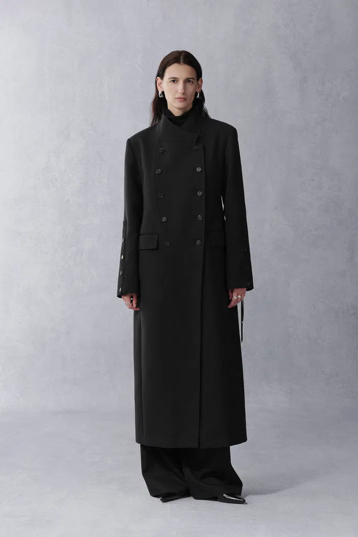 Artemise Long Wool Coat in Structured Merino Wool Twill