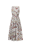 Sabrina Ruffle Hand Painted Flora Print Dress in Silk Cotton