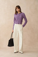 Jinji Purple Lace Trim Light Short Cardigan in Wool Cable Knit