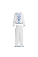 Maggie Stickerei Bluse mit Knoten vorne und transparente Hose aus Baumwoll-Jacquard