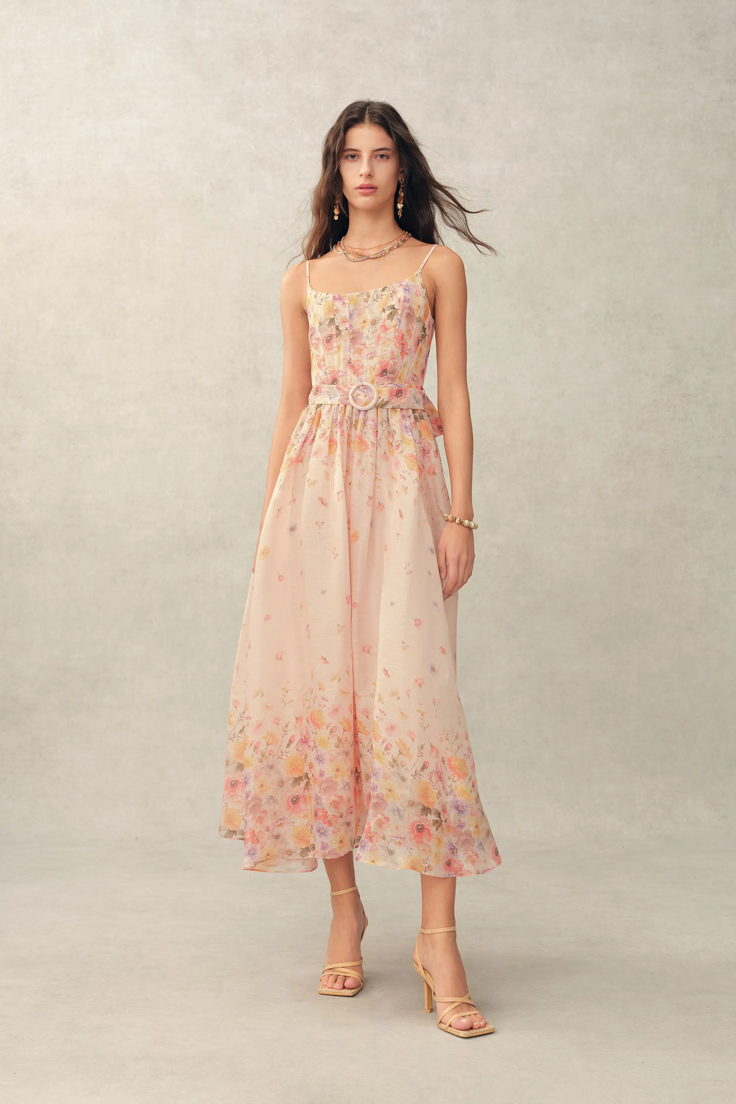 Lilac Handpainted Floral Smocked Belted Strap Dress in Silk Linen Organza XS/P