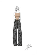 Star Hand Beaded Rose Embellishment Straight Leg Jeans in Beaded Cotton Denim