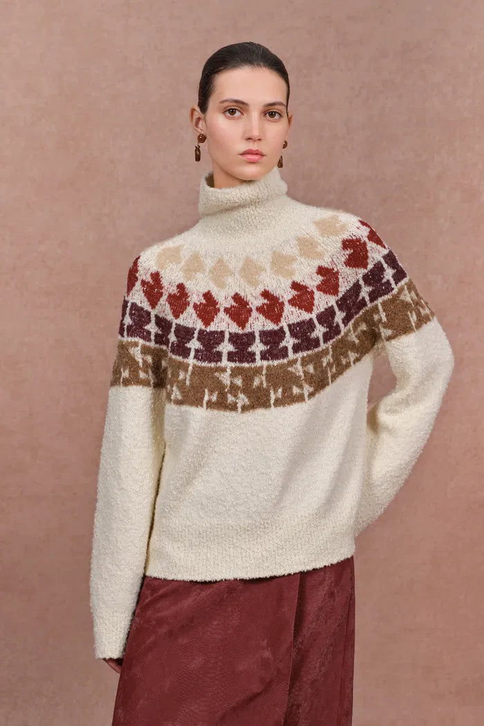 Krasner Hand Drawn Fair Isle Motif High Neck Sweater in Merino Wool