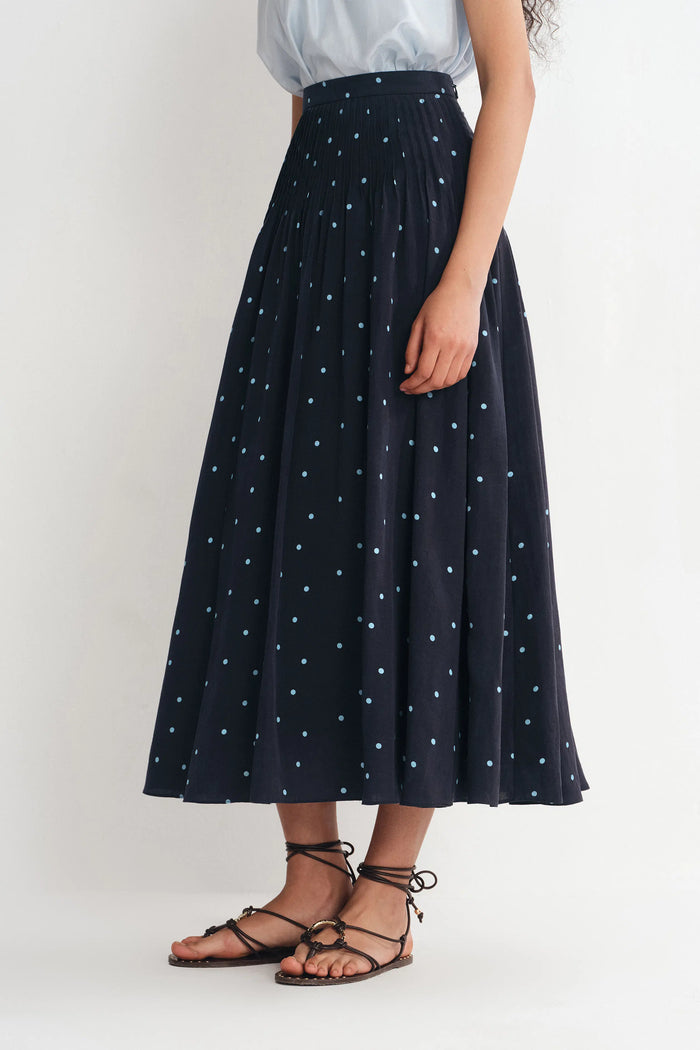 Nora Polka Dot Skirt in Linen Blend - Deep Wash – fbrq.com Nora Polka Dot Skirt in Linen Blend - Deep Wash – fbrq.com