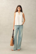 Rosalind Ruffle Neck Tie Front Sleeveless Top in Bubble Cotton