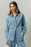 Vinetta Curved Button Placket Floral Embroidered Shirt in Cotton Linen Denim