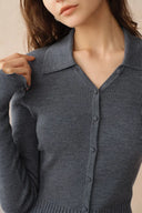 Katia Beige Wavy Cuff Fitted Collared Cardigan in Stretchy Merino Wool Cable Knit