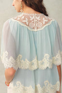 Sophia Lace Embroidery Summer Cape Short Sleeve Blouse in Silk Blend Crinkled Georgette