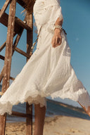 Aitana Lace Jacquard Embroidery Long Sleeves Irregular Hem Dress in Tencel Linen