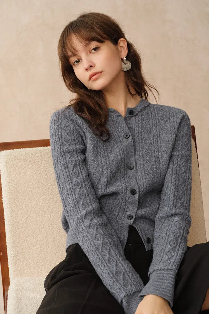 Jinji Grey Lace Trim Light Short Cardigan in Wool Cable Knit