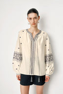 Olivia Boho Embroidered Long Sleeve Blouse Top in Premium Silk-Cotton