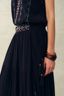 Bailey Boho Embroidered Cross Back Straps Sleeveless Dress in Crinkled Georgette