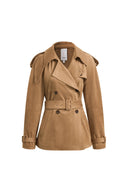 Camel faux suede belted short trench coat with double breasted front, epaulettes and cuff straps