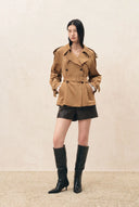 Barry Belted Short Trench Coat in Faux Suede