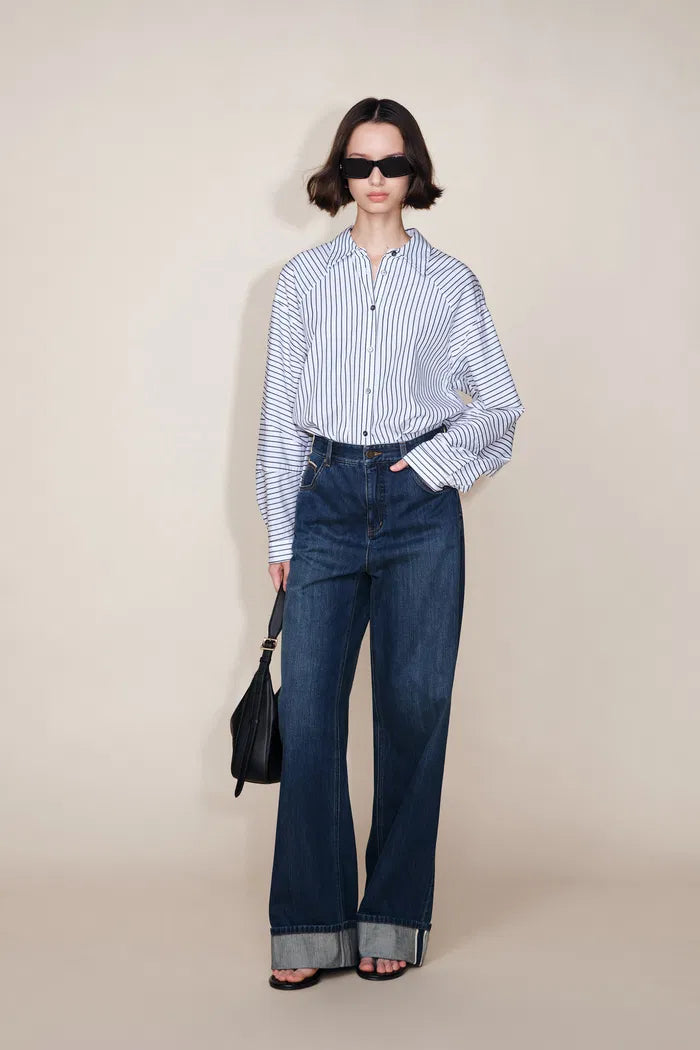 Brenda Folded Hem Wide Leg Jeans in Selvedge Denim