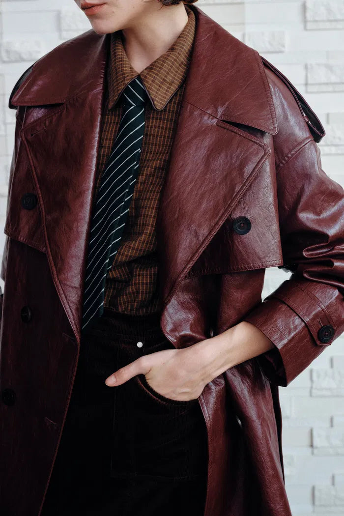 Ostro Trench Style Coat in Waxed Faux Leather