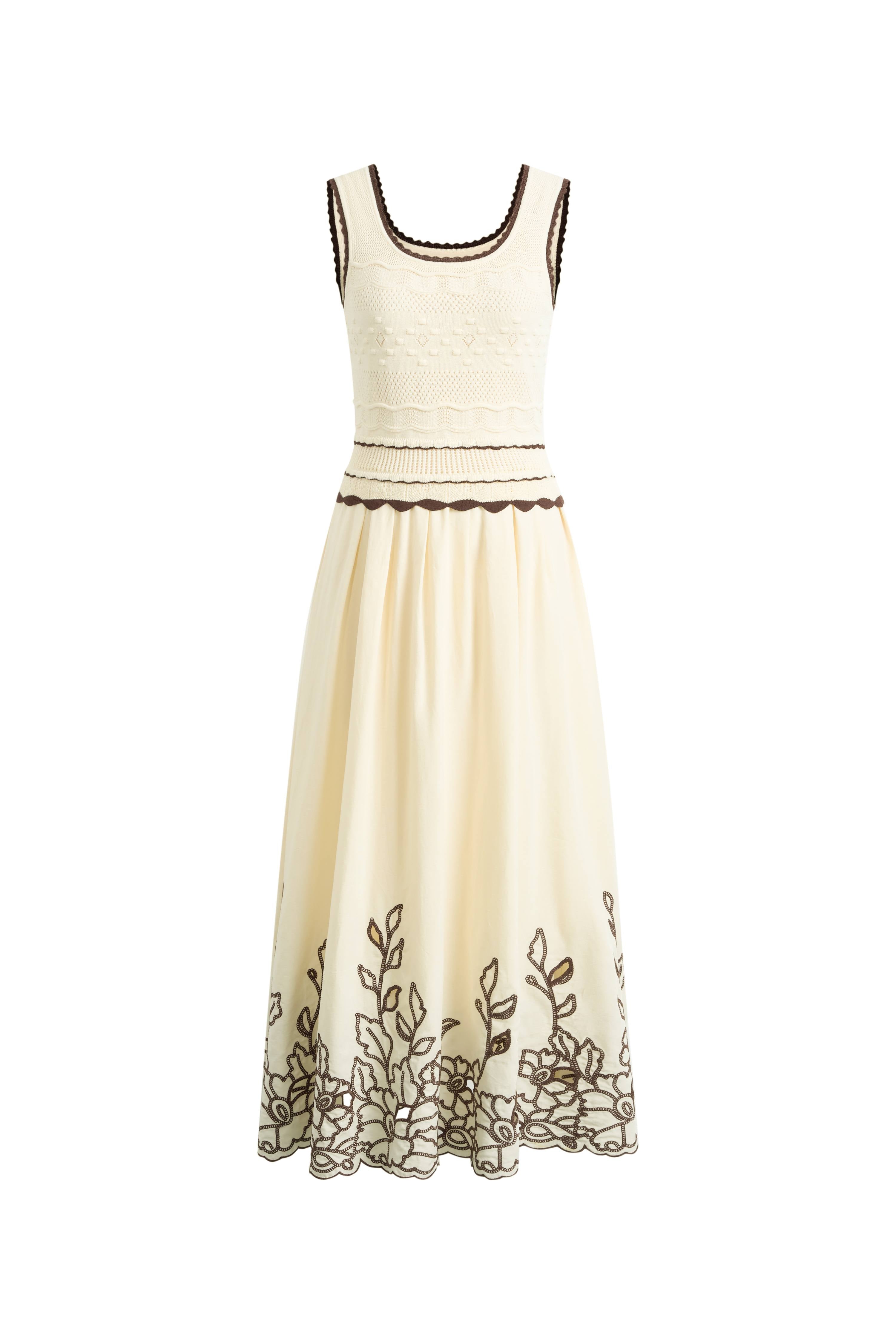 Vittra Embroidery and Woven Sleeveless Dress in Crochet with Cotton Linen Knit S