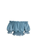 Oluka Rüschiges gerafftes Off-Shoulder-Top aus leichtem Denim