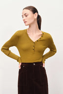Vivi Henley Top in Stretchy Rib Knit Merino Wool