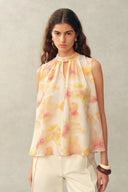 Charlotte Handpainted Floral Neck Tie Sleeveless Blouse and Pants Set in Silk Double Crepe