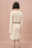 Mira Heavy Shell Hem Long Sleeve Short Dress in Pearl Fiber Blend