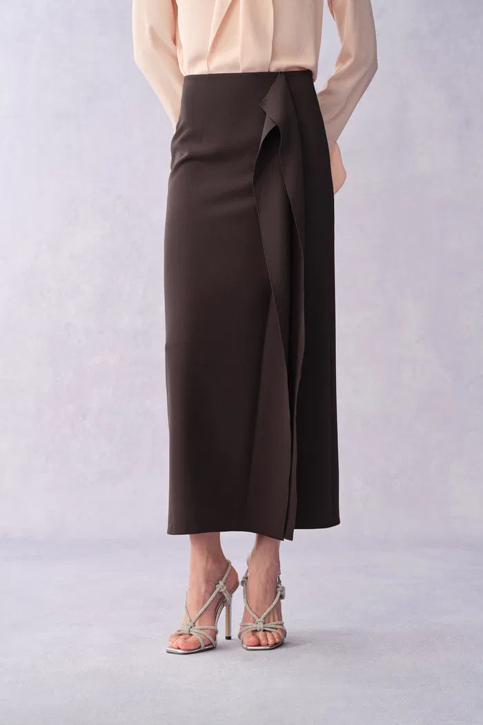 Isao Side Slit Ruffle Maxi Skirt in Stretchy Matte Fabric