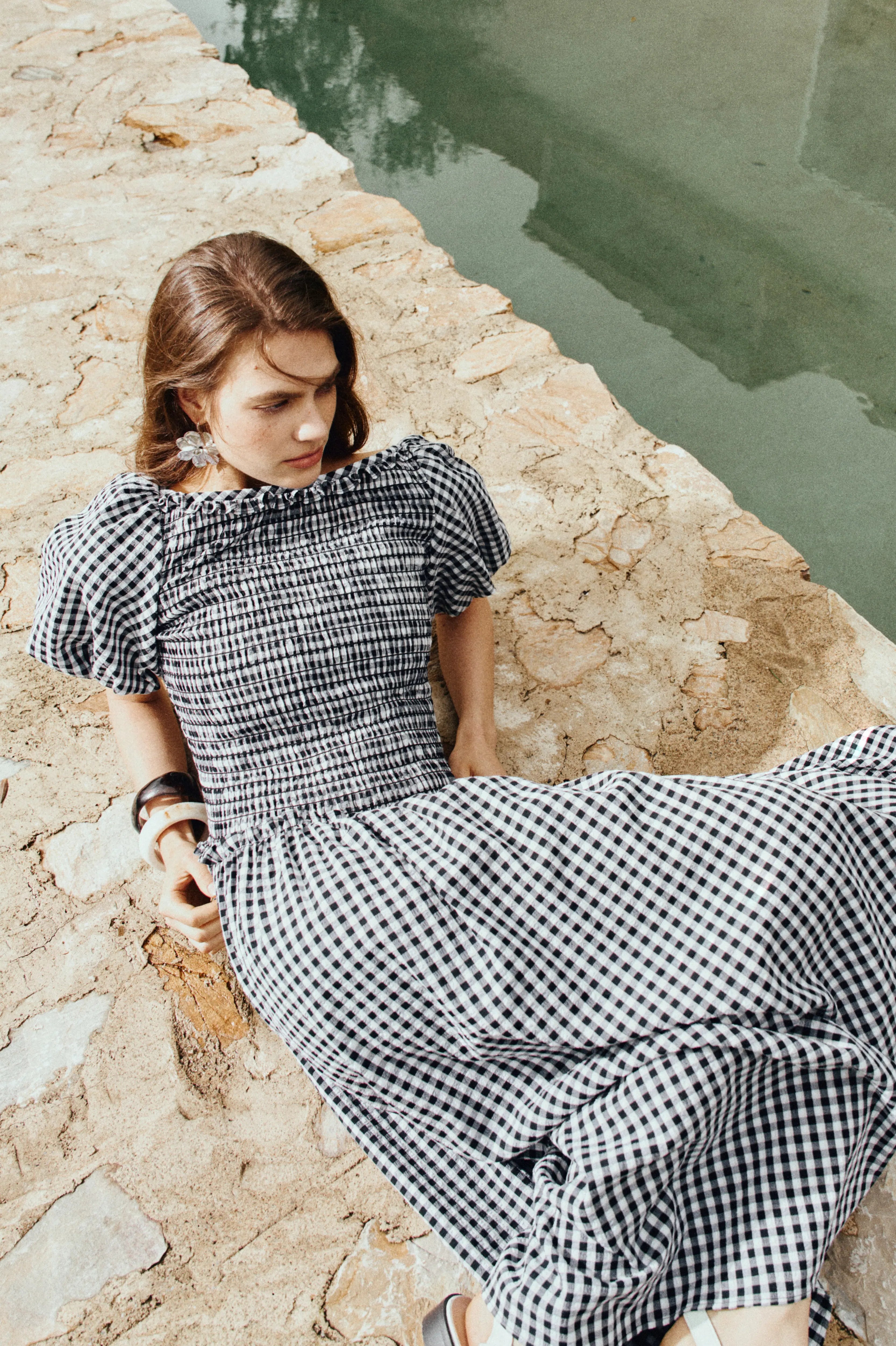 Vivinea Gingham Smocked Puff-Sleeve Dress in Cotton S