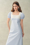 Gisele Lace Panel Checkered Square Neck Puff Sleeve Dress in Cotton