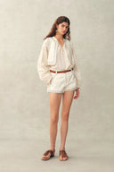 Charlie Boho Mother of Pearl Studded Side Tassel Tie Vest Top and Shorts Set in Cotton Denim