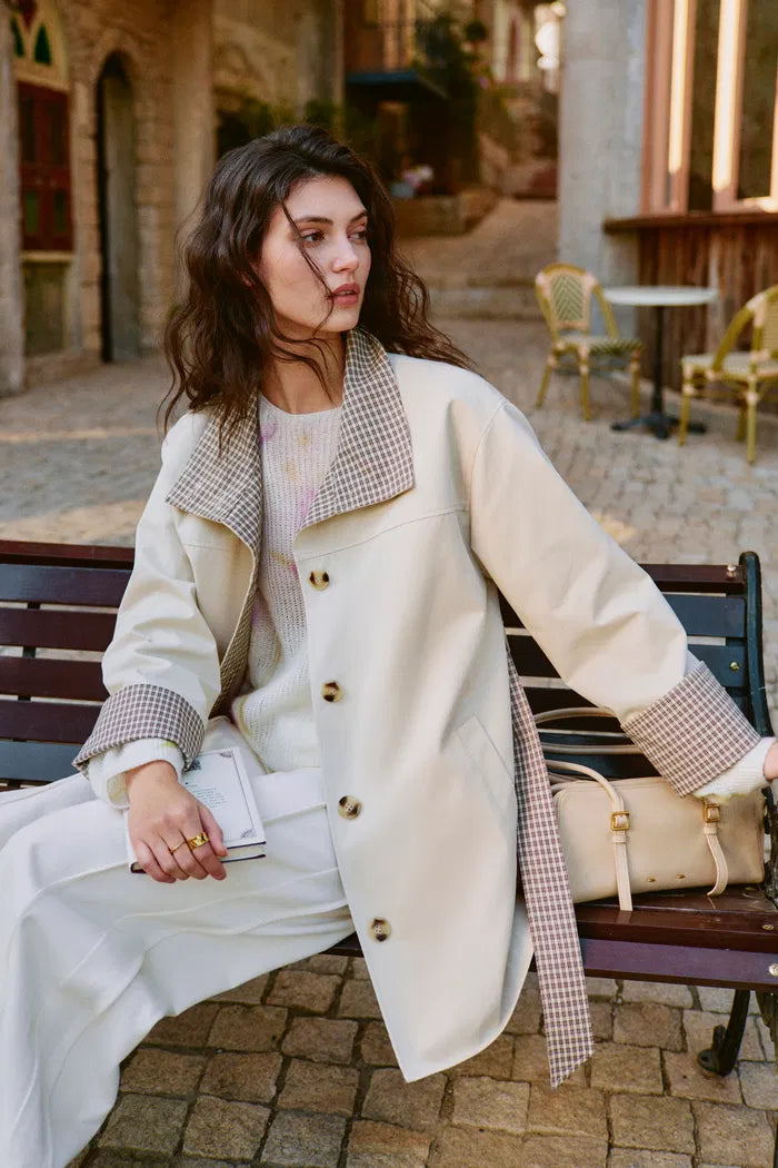 Sita Check Panel Belted Cropped Trench Coat In Trench Cotton