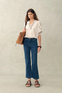 Becky Cross Stitch Tie Front Short Sleeve Shirt in Linen Blend