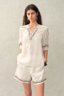 Becky Cross Stitch Tie Front Short Sleeve Shirt in Linen Blend