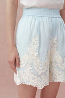 Paz Blue Embroidered Shorts in Silk-Linen Blend